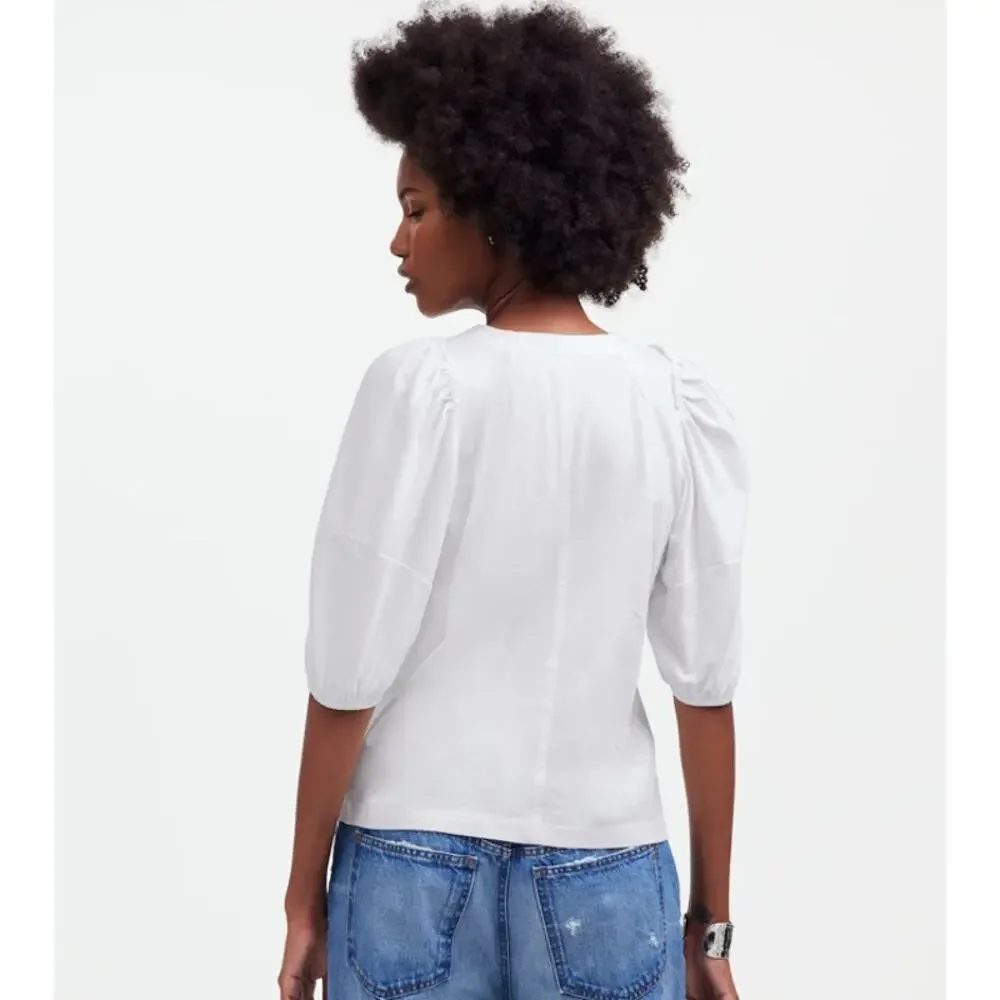 Madewell Puff-Sleeve Tee WMNS M White Crew Neck Cotton Relaxed Fit Ruffle Accent
